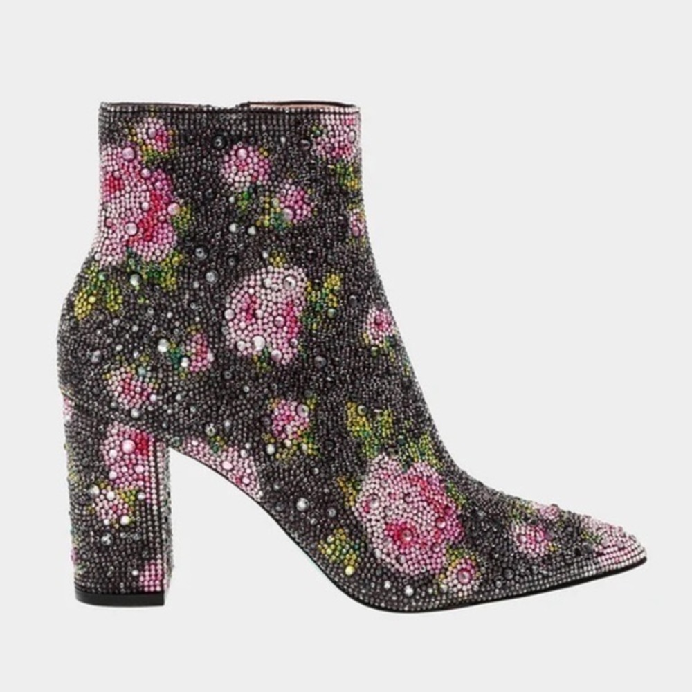 Floral Rhinestone Block Heel Boots